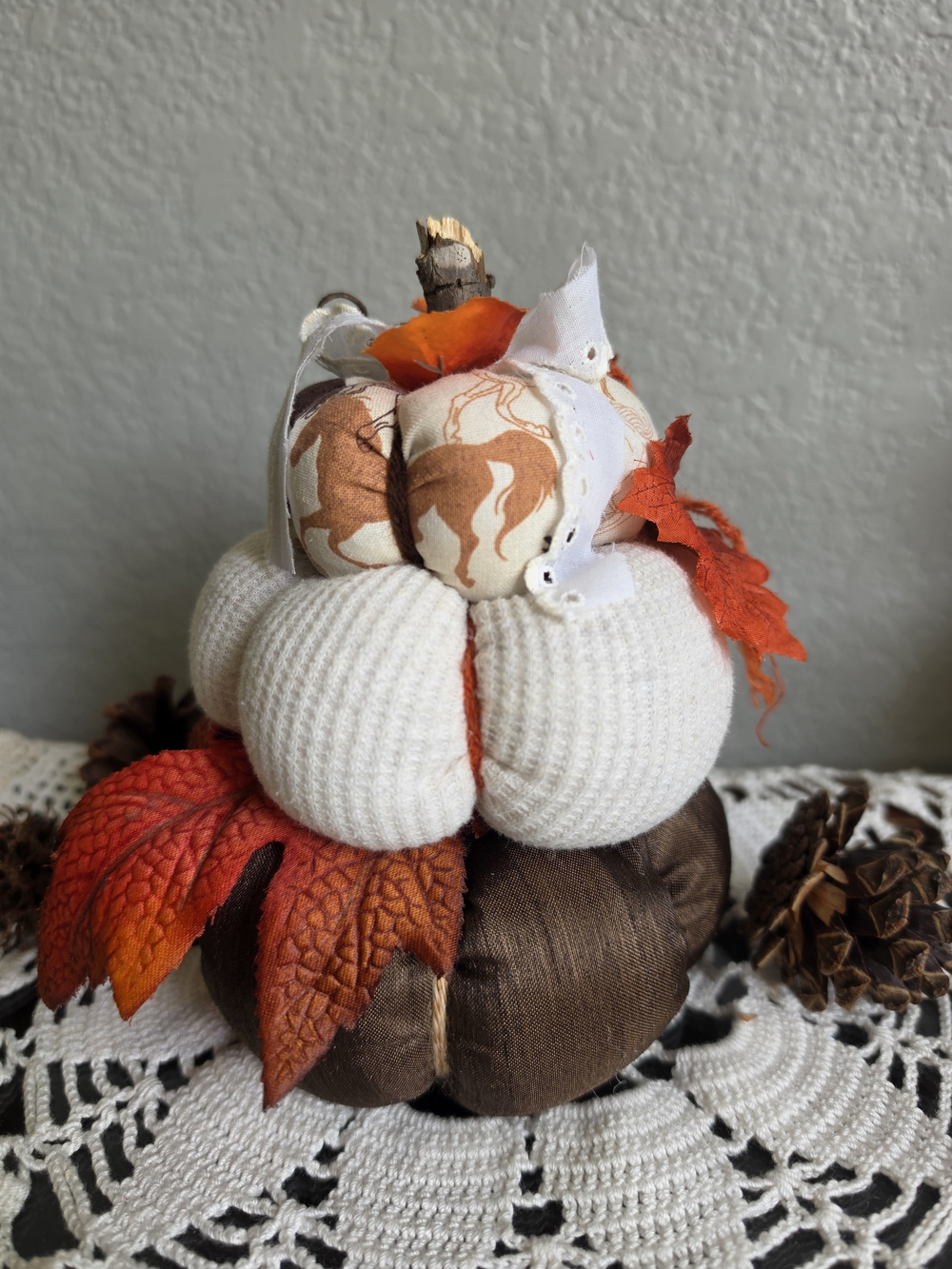 Autumn Stacked Fabric Pumpkin Décor in Cream, Brown & Orange